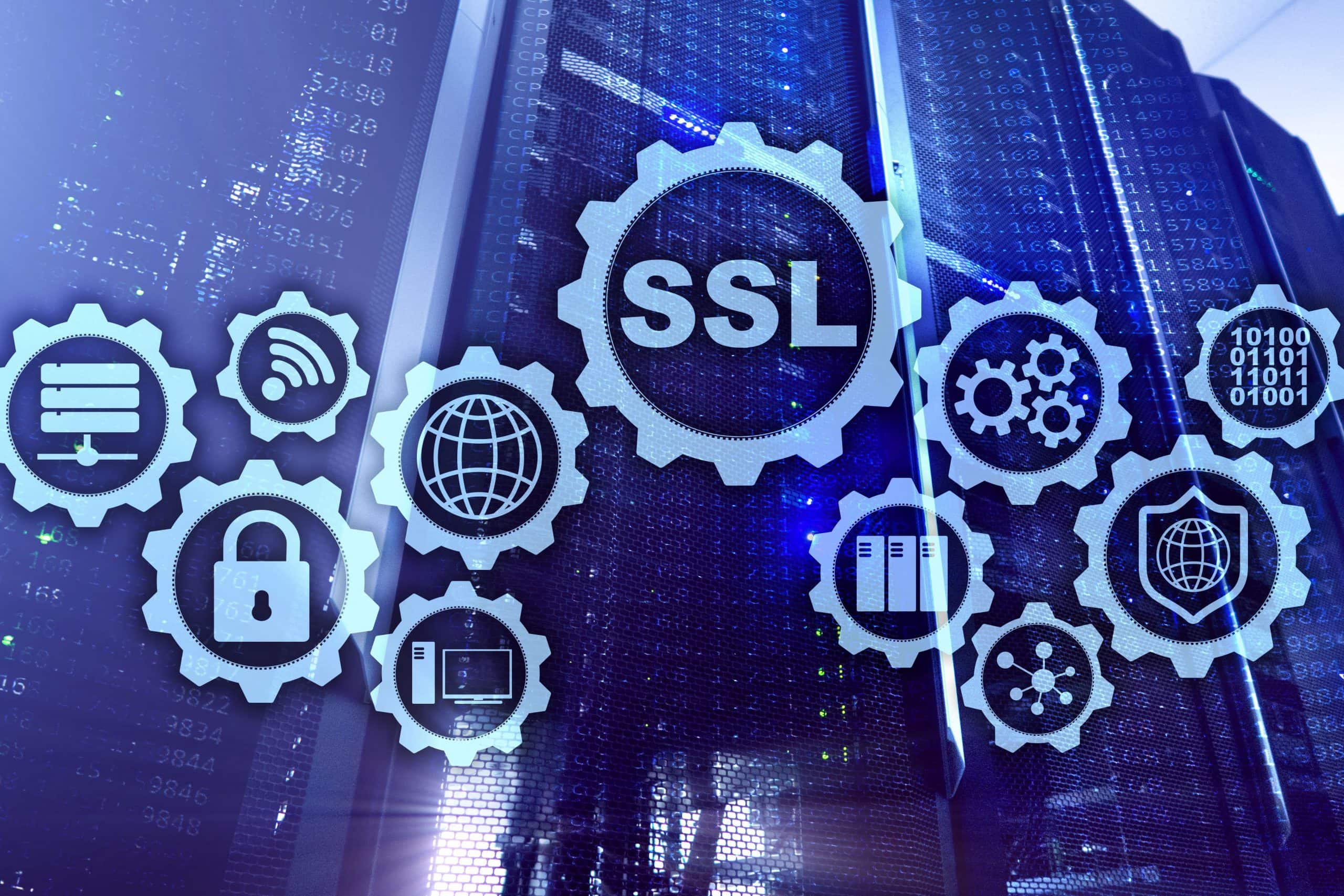 SSL Secure Sockets Layer concept. Cryptographic protocols provide secured communications. Server room background.