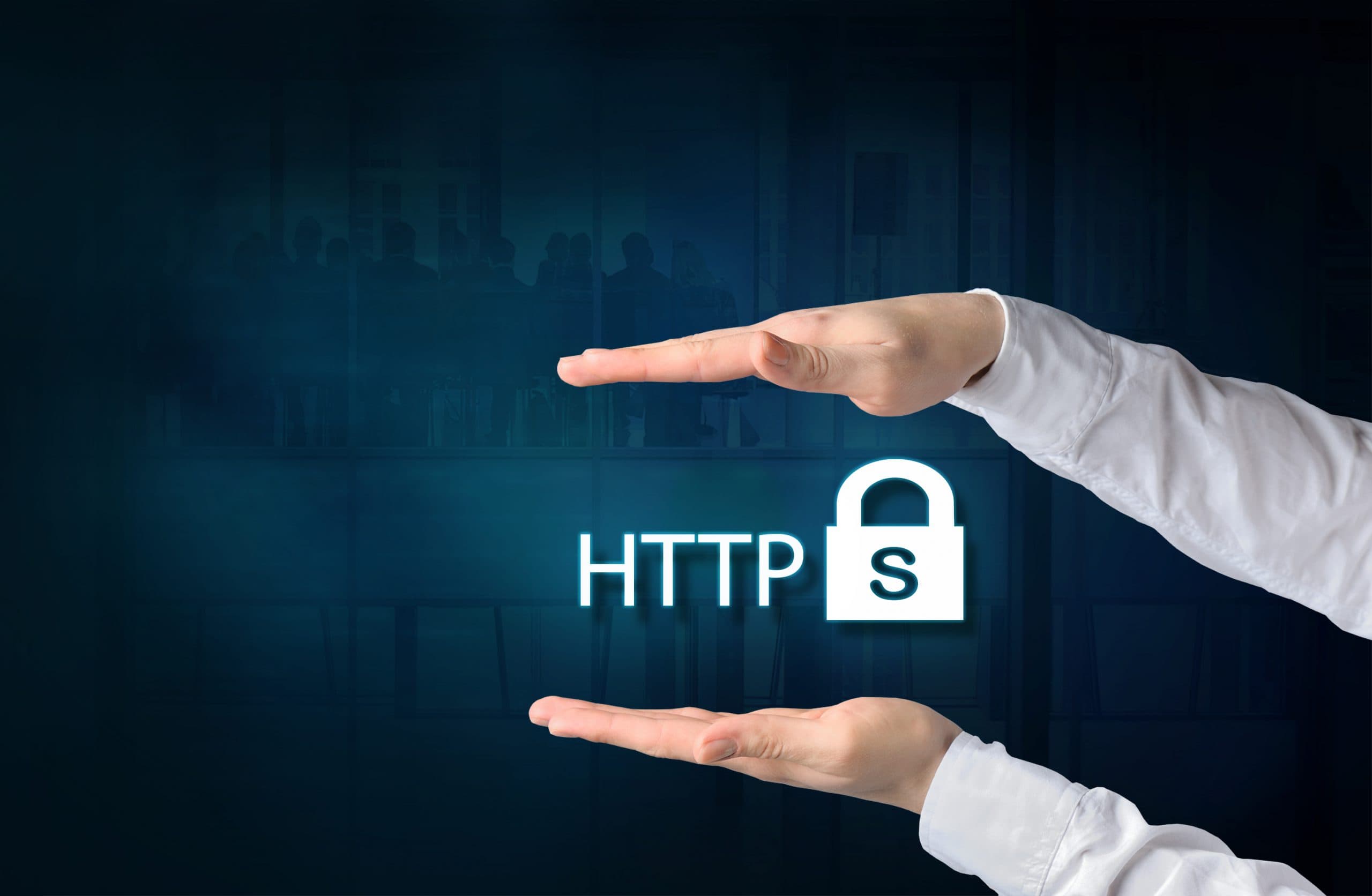 HTTPS – security in the internet concept. Protecting gesture of businessman and symbol of a locker and https letters and business background.