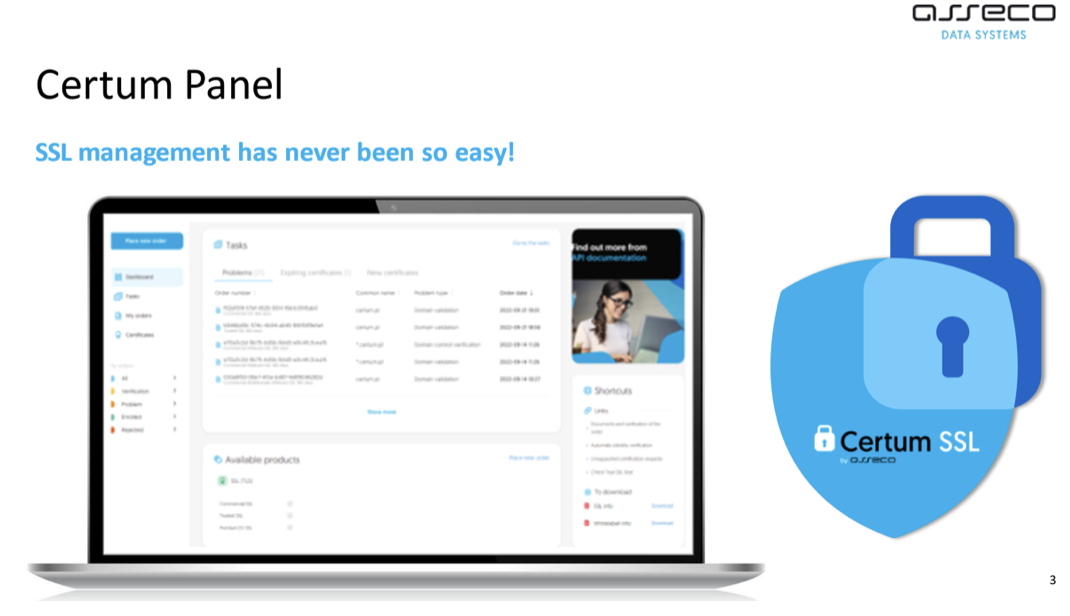 Panel Partnera Certum pozwala zarządzać certyfikatami SSL: zamawiać, monitorować aktywne wnioski, wydawać i sprawdzać termin ich odnowienia.