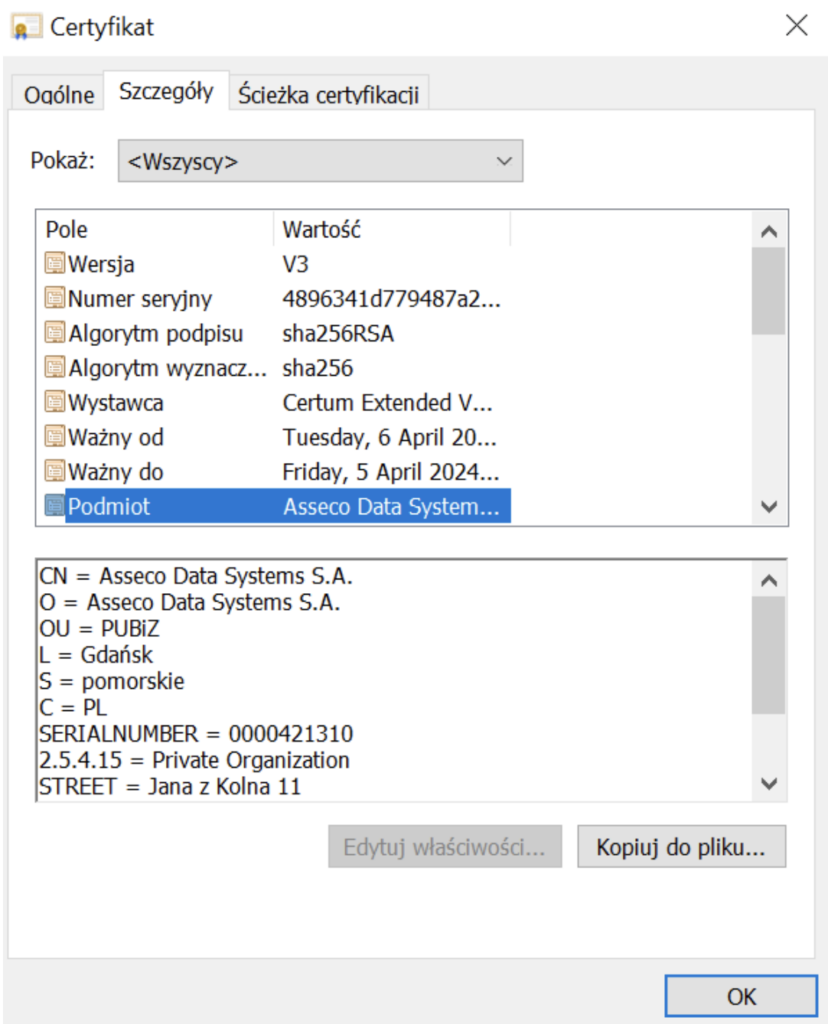Szczegóły certyfikatu