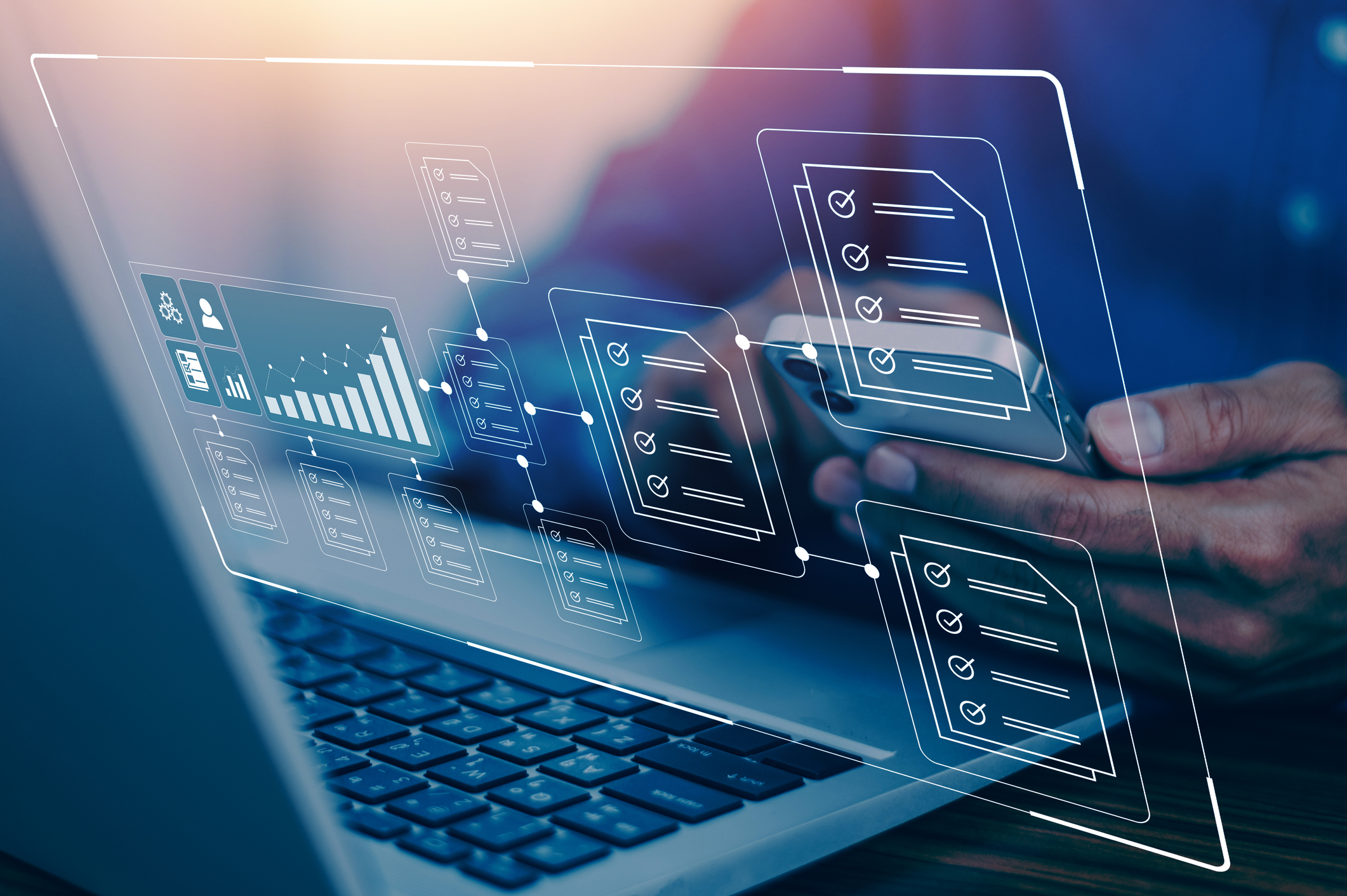 Document management concept, Businessman using computer to document management concept, online documentation database and digital file storage system or software, records keeping, database technology