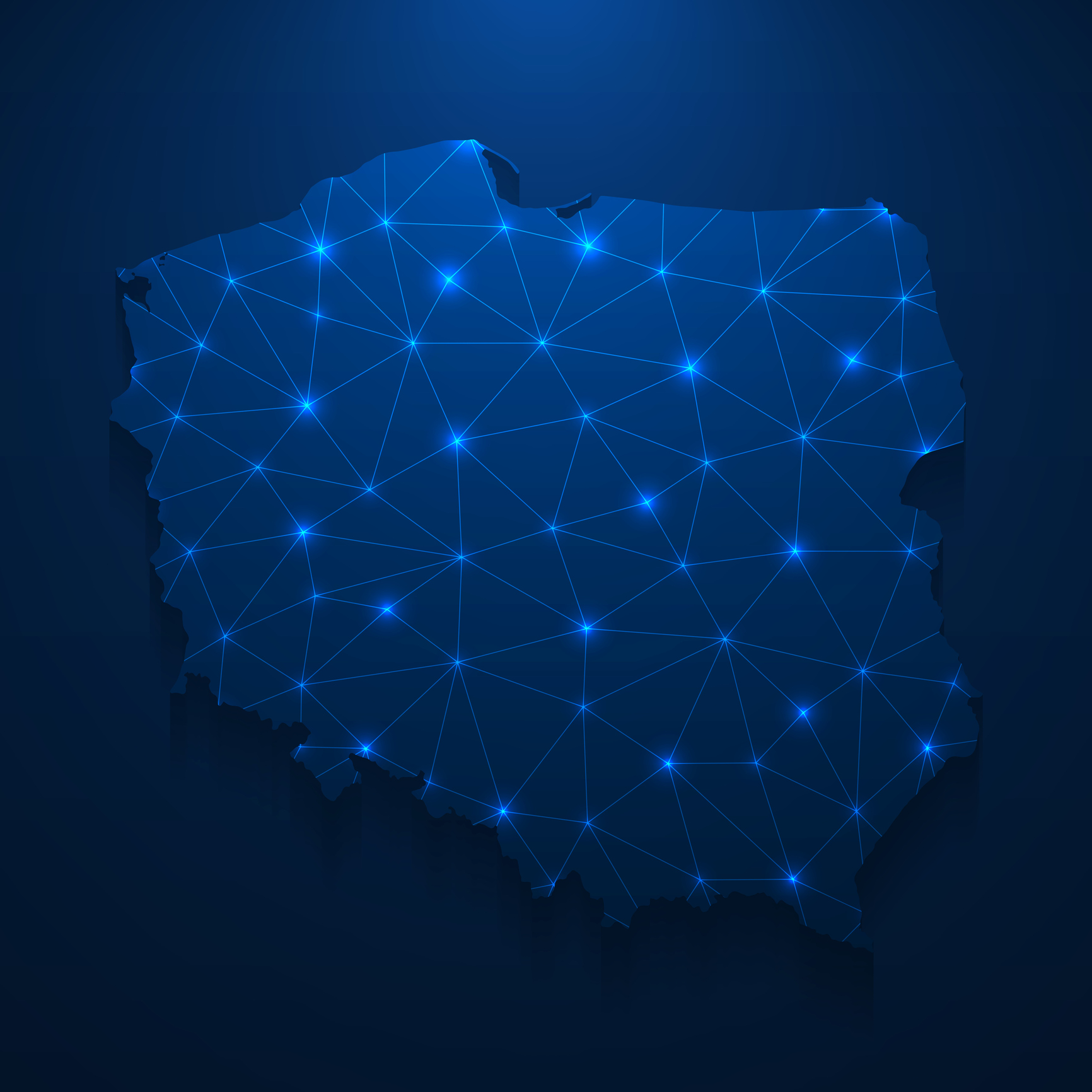Poland map network – Bright mesh on dark blue background