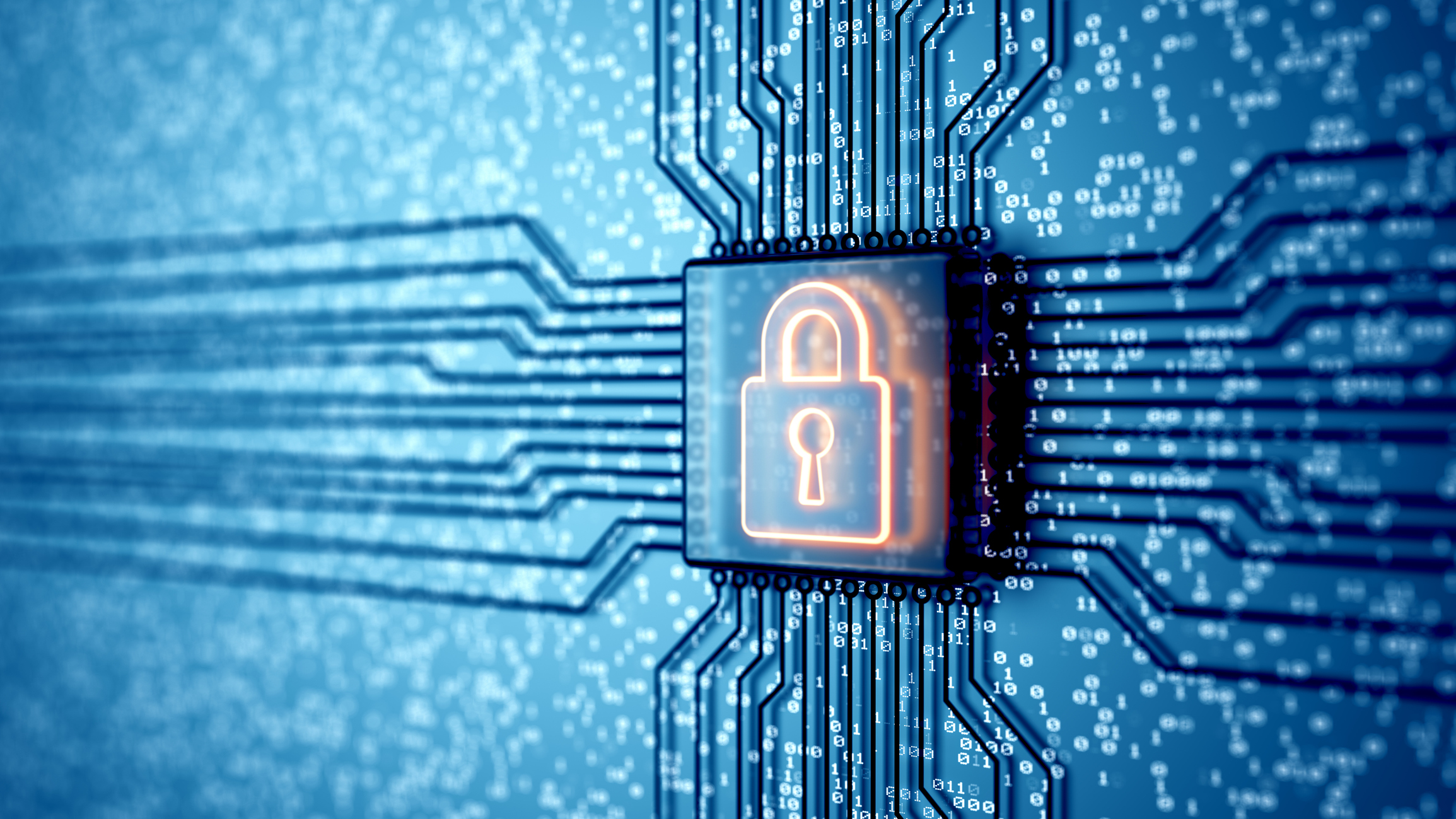 Electronic quantum computer microchip with lock icon. Internet security and privacy network technology. Circuit board. 3d render